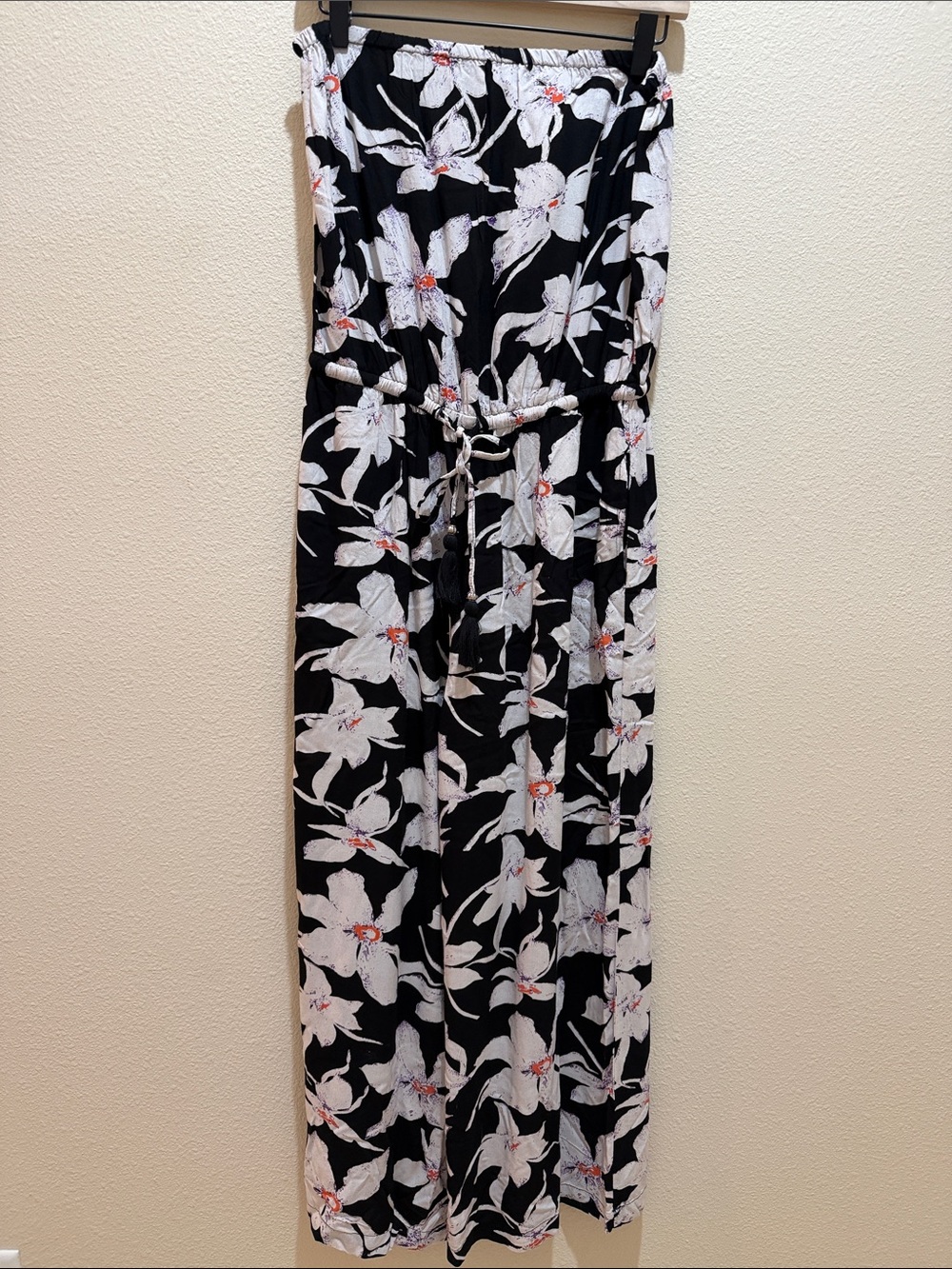 NWT Blue Island Black Floral Strapless Maxi Romper Drawstring Waist Size Medium